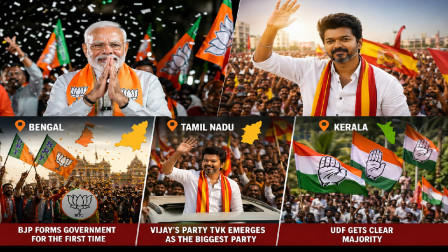 BJP Set to Form Government in Bengal for First Time; Vijay Sweeps Tamil Nadu, UDF Leads in Kerala