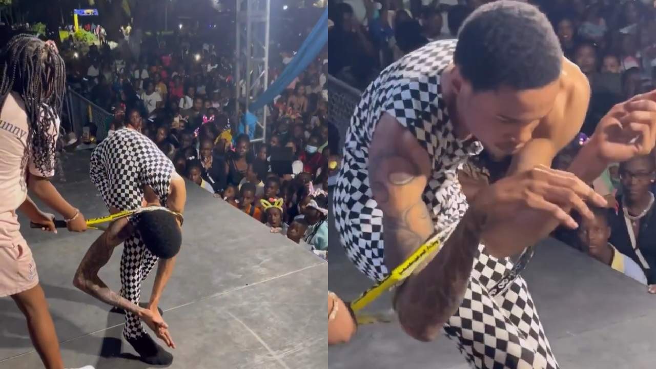 Watch video Man contorts his body through tennis racket in show of