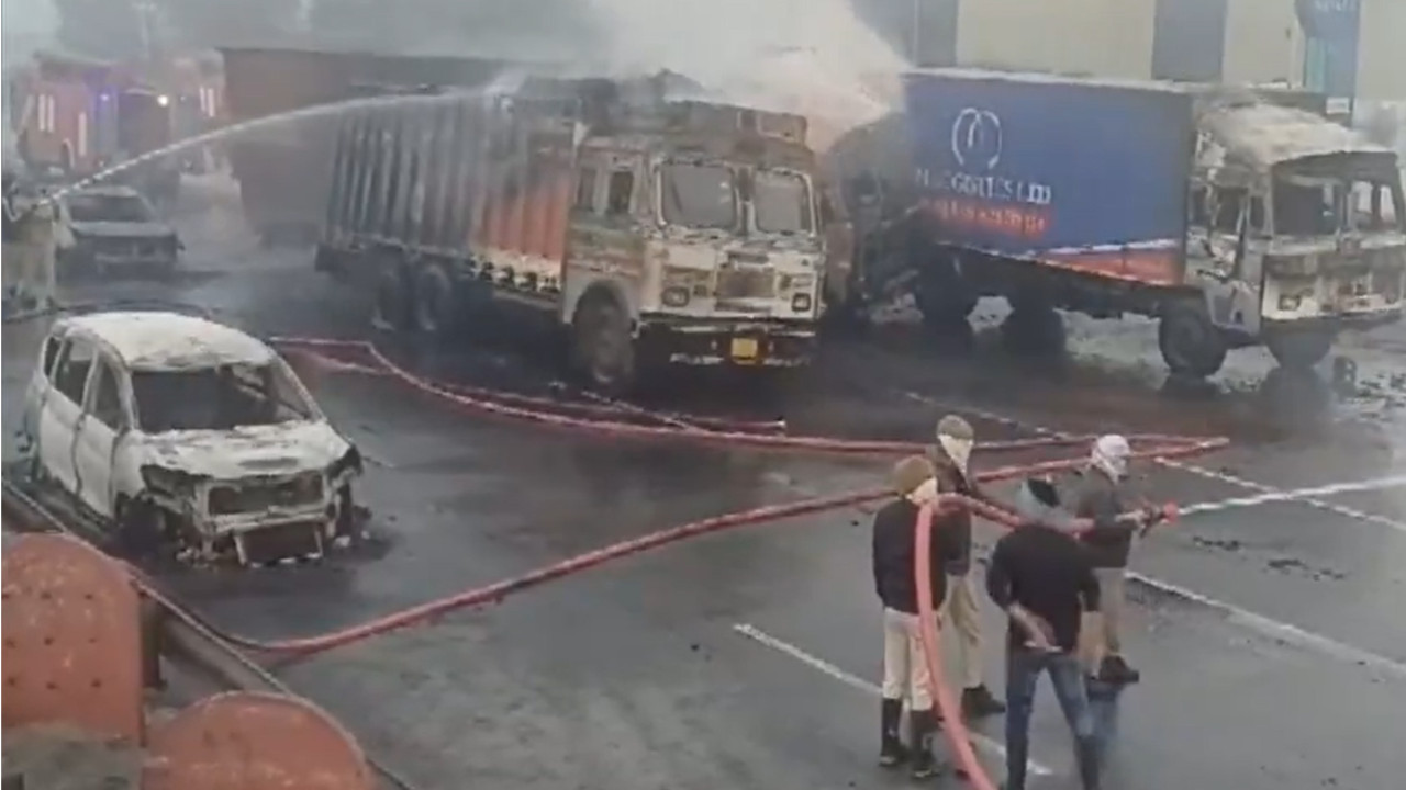 Fire Engulfs Trucks After Collision