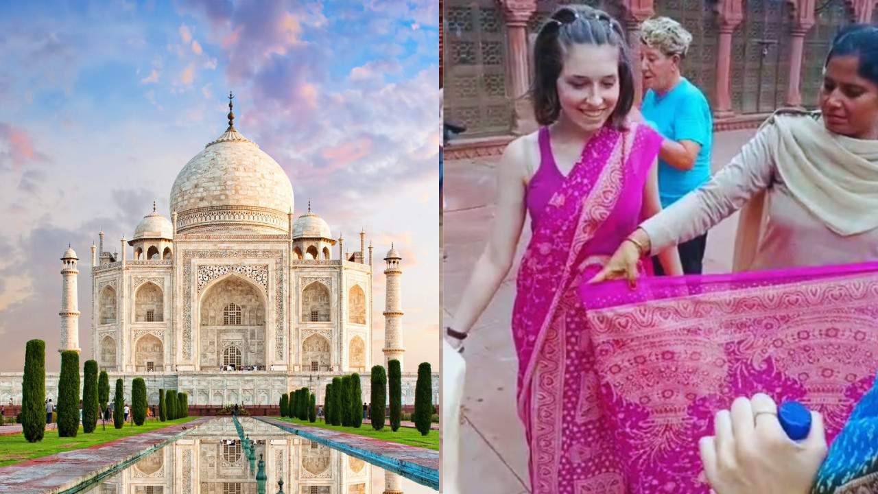 Italian Tourists Struggle with Sarees at Taj Mahal, Female Cop Helps in Desi Style — Watch Video