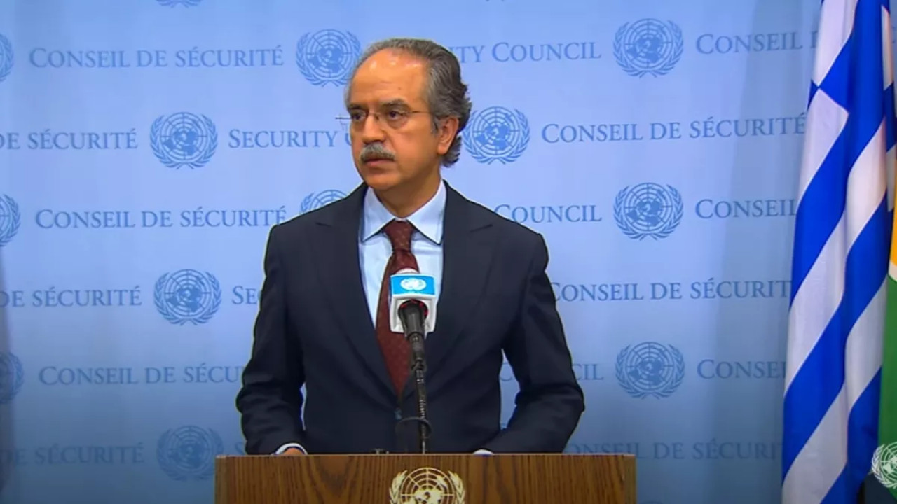 Pakistan's permanent representative Asim Iftikhar Ahmed in UN holding a press conference