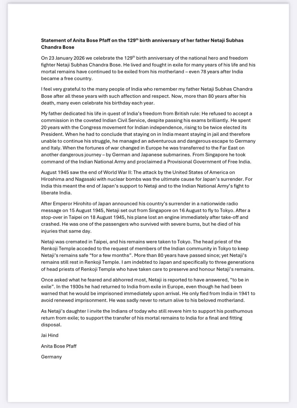 Netaji Subhas Chandra Boses daughter Anita Bose Pfaff statement Netaji Subhas Chandra Boses daughter Anita Bose Pfaff statement