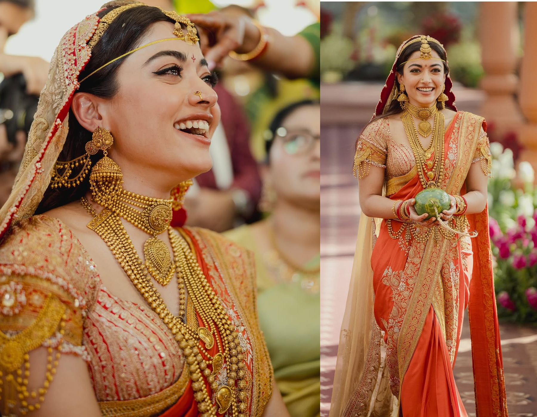 rust saree with striking red border